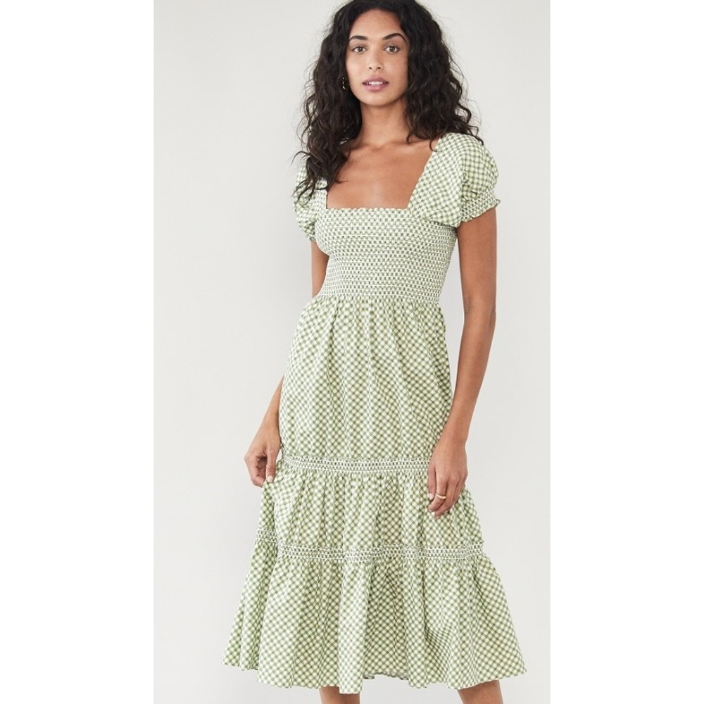 O.P.T. Green Gingham Square Neck Smocked Midi Dress Puff Sleeve Cotton Tiered S